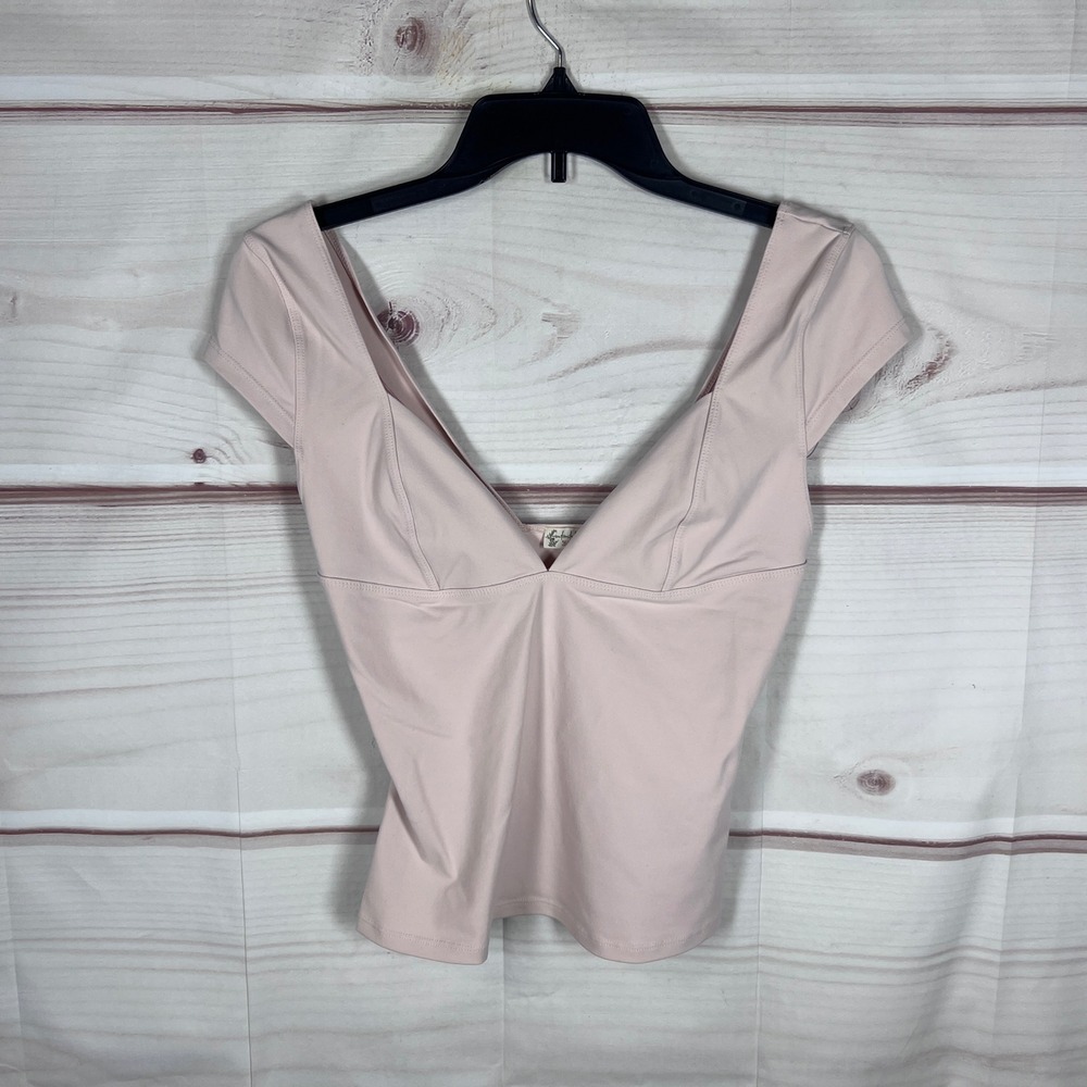 Free People Intimately Top Womens M Blush Pink V-Neck Short Sleeve Bodysuit